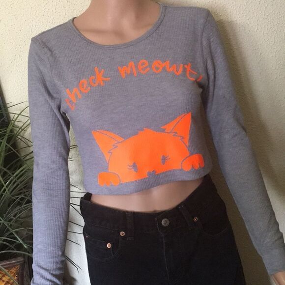 Vintage Tops - Check Meowt Thermal CropTop